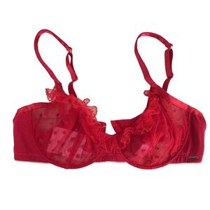 Savage X Fenty Red Floral Embroidered Sheer Mesh Ruffle Unlined Bra NWT